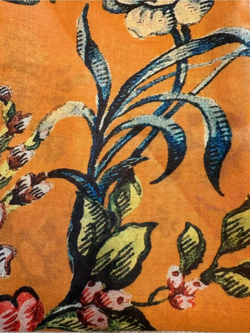 Agua Bendita Orange Floral Silk-Blend Scarf with Blue & Green Accents